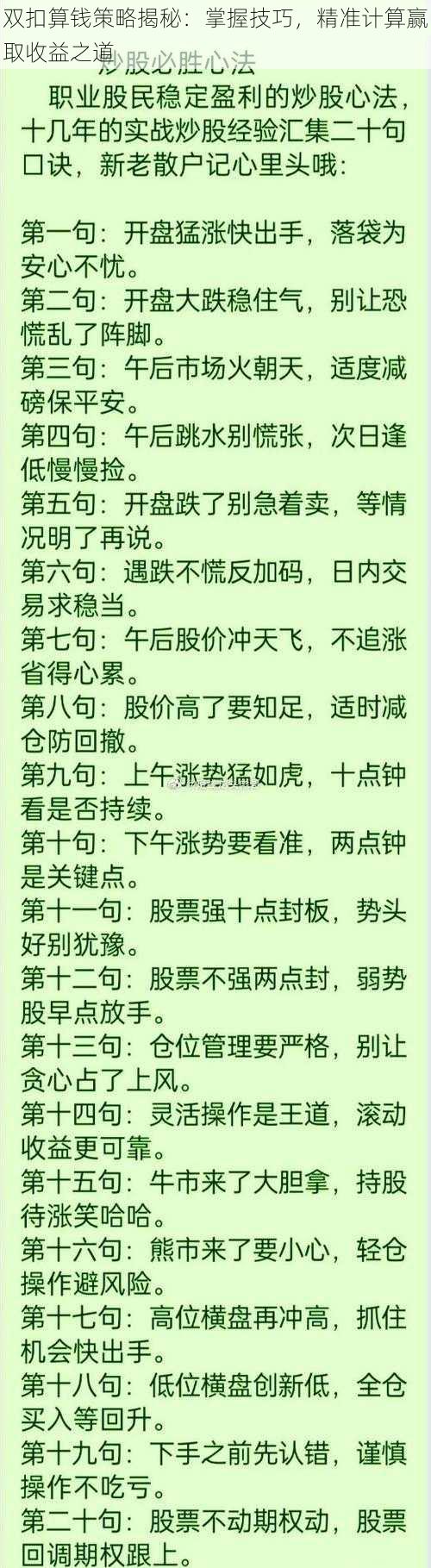 双扣算钱策略揭秘：掌握技巧，精准计算赢取收益之道